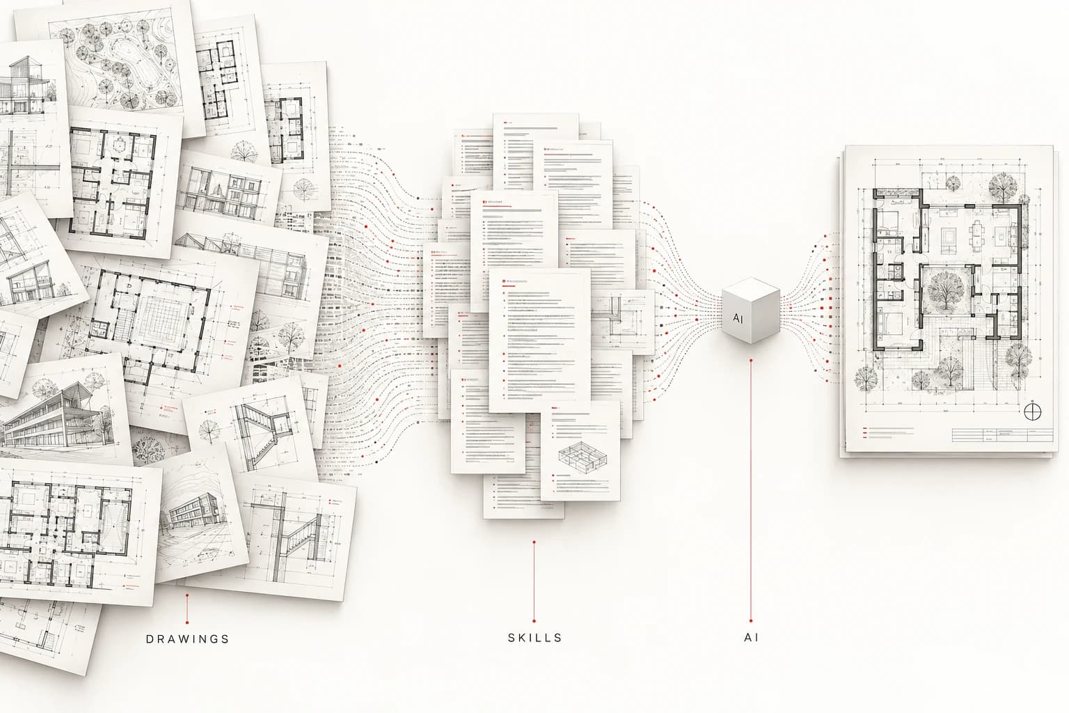 Concept diagram showing architectural drawings organized into text-based skills for AI-assisted plan generation